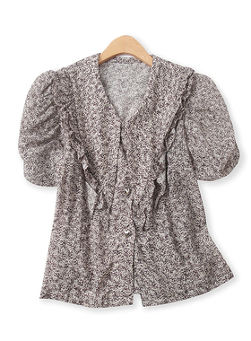 泡泡袖小衫夏季新款外贸女装时尚娃娃领单排扣显瘦碎花衬衫14521