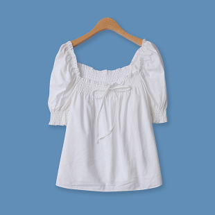 百搭减龄系带一字领褶皱显瘦短袖 外贸女装 棉T恤11345 夏新款 娃娃衫