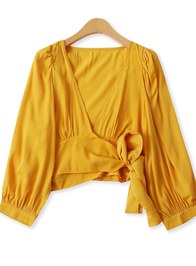 绑带衬衫春夏新款外贸女装百搭时尚短款修身泡泡九分袖罩衫18211