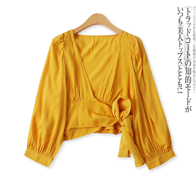 绑带衬衫春夏新款外贸女装百搭时尚短款修身泡泡九分袖罩衫18211