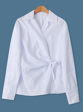 时尚白衬衫秋季新款外贸女装百搭翻领收腰系带长袖修身上衣19155