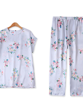 印花套装夏新款外贸女装仿真丝家居套头短袖睡衣+松紧九分裤13114