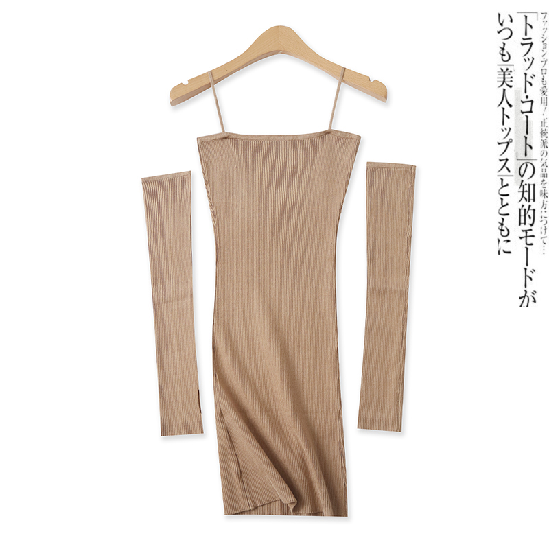 针织两件套秋季新款外贸女装时尚百搭修身包臀吊带短裙+袖套16841