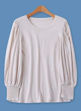 泡泡袖上衣春新款外贸女装百搭休闲减龄大码显瘦长袖收口T恤12334