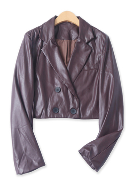 短款PU皮外套秋季新款外贸女装时尚复古修身双排扣长袖上衣17375