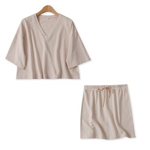 套装分开出售夏季新款外贸女装百搭V领短袖棉T恤+松紧腰短裙15800