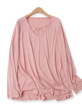 莫代尔T恤春季新款外贸女装加大显瘦V领镂空高弹力长袖上衣14342