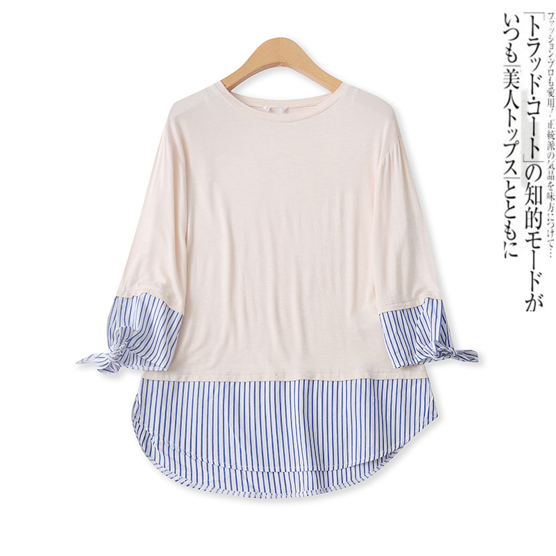 假两件T恤春新款外贸女装百搭圆领修身绑带七分袖莫代尔上衣18040