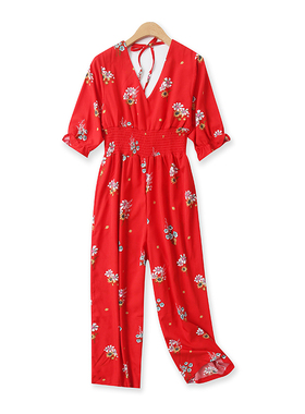 印花连体裤夏季新款外贸女装时尚V领露背系带高腰显瘦阔腿裤14819