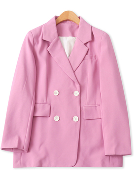 双排扣西装春季新款外贸女装休闲百搭带垫肩显瘦长袖粉外套19234
