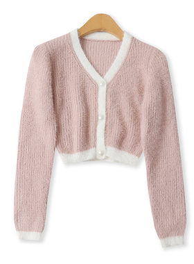 撞色针织外套秋季新款外贸女装时尚短款单排扣修身长袖开衫18812