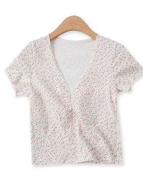 印花上衣夏新款外贸女装甜美百搭短款修身深V领褶皱短袖T恤14347