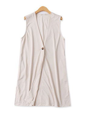 日单中长马甲夏新款外贸女装百搭休闲一粒扣开叉宽松薄罩衫18231