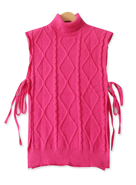 高领针织背心秋新款外贸女装时尚镂空系带修身菱格马甲坎肩17167