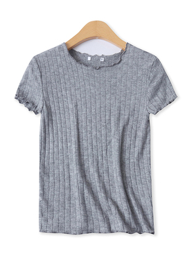 针织短T恤夏季新款外贸女装百搭修身高弹力短袖木耳拷边上衣17822