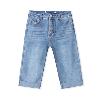 水洗牛仔七分裤夏季新款外贸女装时尚百搭修身弹力翻边短裤18432