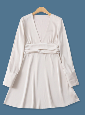 高腰连衣裙春季新款外贸女装时尚修身侧拉链长袖深V领短裙19848