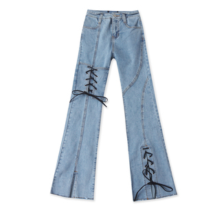 个性绑带牛仔裤秋季新款外贸女装时尚设计感修身弹力高腰裤19135