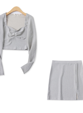 套装分开春新款外贸女装修身褶皱长袖套头亮丝上衣+包臀短裙17847