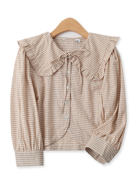 娃娃领衬衫春夏新款外贸女装减龄系带前扣显瘦七分袖格子衫15056