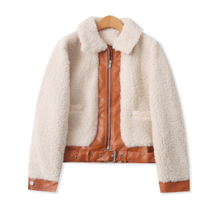 长袖 PU皮羊羔毛拼接外套冬季 百搭修身 外贸女装 拉链夹克19476 新款