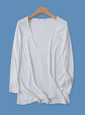 大码打底衫春季新款外贸女装百搭高弹力宽松方领长袖螺纹T恤16176