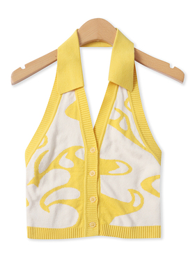 挂脖针织背心秋季新款外贸女装时尚短款单排扣修身提花上衣17387