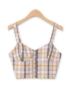 时尚吊带夏季新款外贸女装百搭露脐显瘦侧拉链显瘦格子抹胸14391