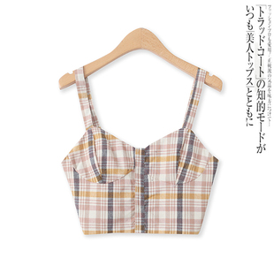 时尚吊带夏季新款外贸女装百搭露脐显瘦侧拉链显瘦格子抹胸14391