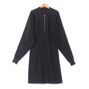 针织黑连衣裙秋新款外贸女装时尚修身半拉链蝙蝠长袖包臀裙18918