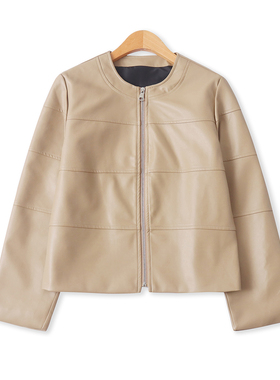 拼接短款外套秋新款外贸女装时尚圆领修身长袖拉链PU皮夹克18469