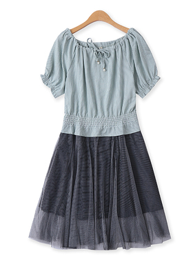 条纹网纱裙夏新款外贸女装时尚拼接大码宽松高腰短袖中长裙12953