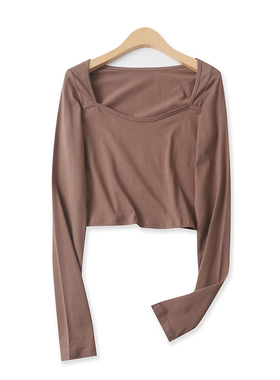 棉T恤春季新款外贸女装百搭纯色不规则方领长袖修身套头上衣16213