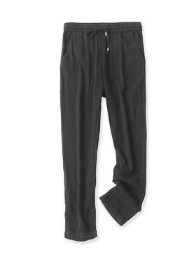 人棉高腰休闲裤夏季新款外贸女装百搭显瘦松紧腰系带小脚裤15174