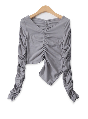 松紧褶皱小衫春季新款时尚百搭修身不规则下摆短款套头上衣16166