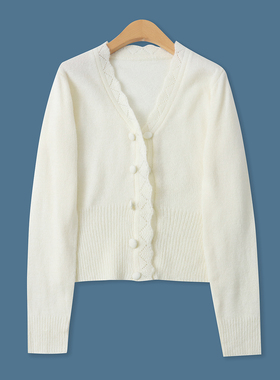 薄针织开衫春季新款外贸女装百搭花边V领修身单排扣长袖毛衣19301