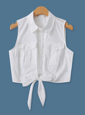 无袖绑带小衫夏季新款外贸女装时尚百搭短款单排扣修身上衣16975