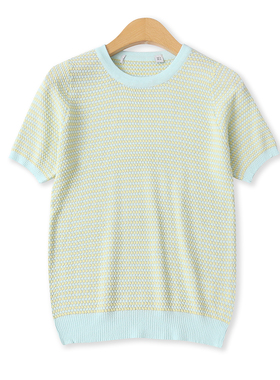 菠萝纹针织T恤秋季新款外贸女装百搭圆领修身高弹力短袖上衣18698