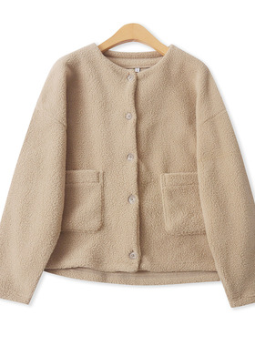 摇粒绒外套冬季新款外贸女装日单百搭单排多扣宽松长袖绒衫19398