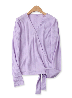 绑带针织衫春季新款外贸女装百搭时尚V领高弹力长袖坑条T恤14040