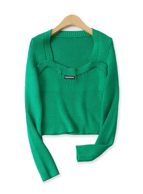 方领毛衣秋季新款外贸女装百搭显瘦修身长袖坑条打底针织衫16395