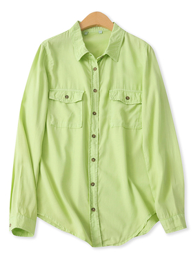 天丝衬衫秋新款外贸女装休闲百搭糖果色单排扣宽松长袖上衣17062