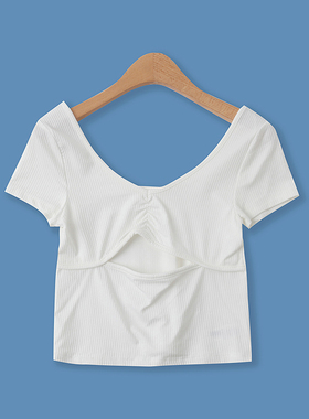 镂空螺纹衫夏季新款外贸女装时尚性感露脐深V领修身短袖T恤14265