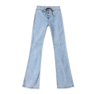 微喇牛仔裤冬新款外贸女装时尚设计感修身拼接门襟系带长裤19172