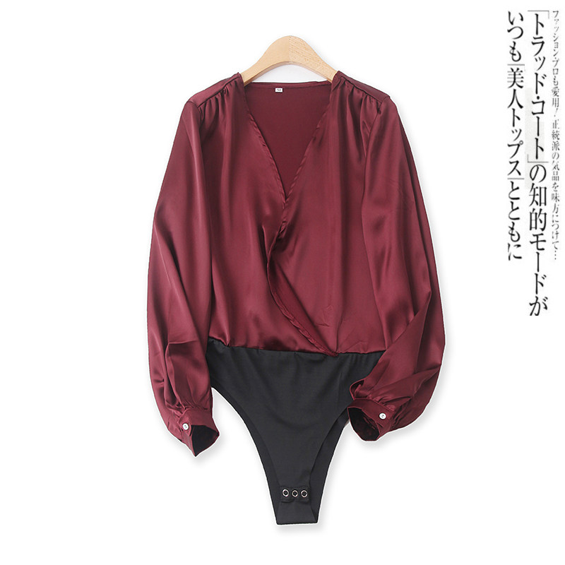 连衣裤春夏季新款外贸女装性感百搭V领长袖撞色缎面连体短裤14357