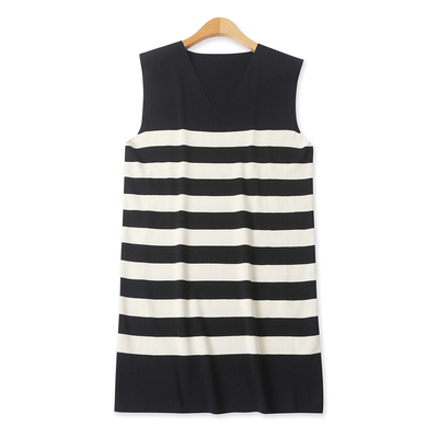 针织条纹背心裙秋季新款外贸女装百搭休闲V领宽松无袖中长裙18879