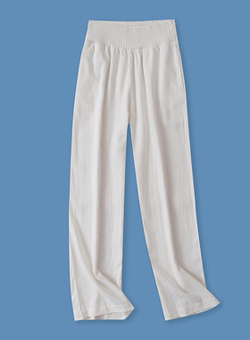 高腰棉麻长裤春季新款外贸女装百搭休闲斜插口袋宽松阔腿裤15498