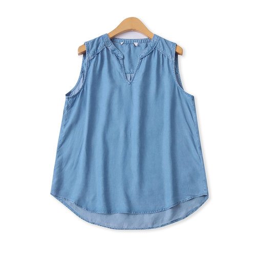 无袖天丝上衣夏季新款外贸女装休闲百搭V字领口套头宽松小衫20496