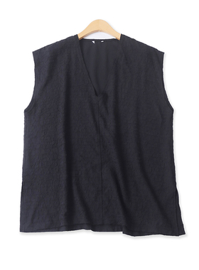 日单无袖背心夏新款外贸女装百搭宽松深V领开叉褶皱套头小衫17921