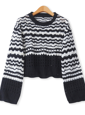 镂空条纹毛衣秋季新款外贸女装时尚短款圆领宽松长袖针织衫18940